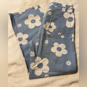 SHEIN Teen Y2K Youth 14 Floral Print Light Wash‎ Wide Leg Jeans Daisy Pattern
